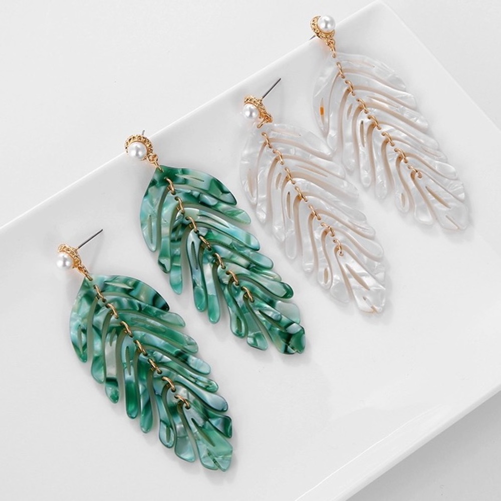 GREEN or WHITE Acrylic Leaf Earrings - Picture 1 of 6